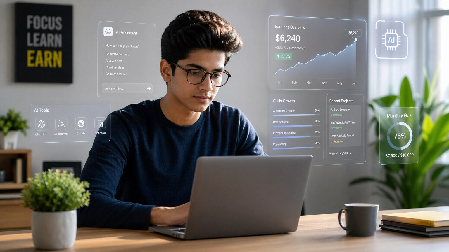 student using AI tools to make money online