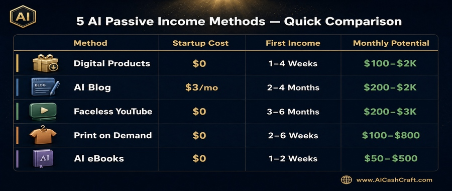 quick comparison all 5 AI passive income ways startup cost income timeline difficulty