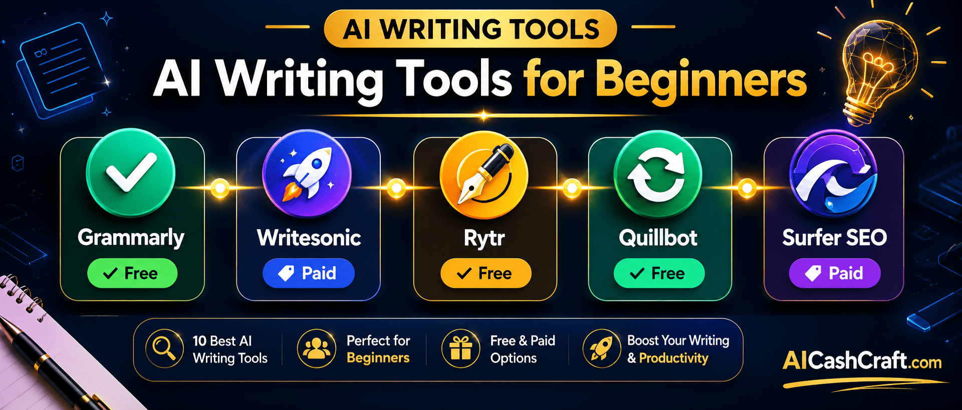 AI writing tools overview Grammarly Writesonic Rytr Quillbot for beginners AICashCraft
