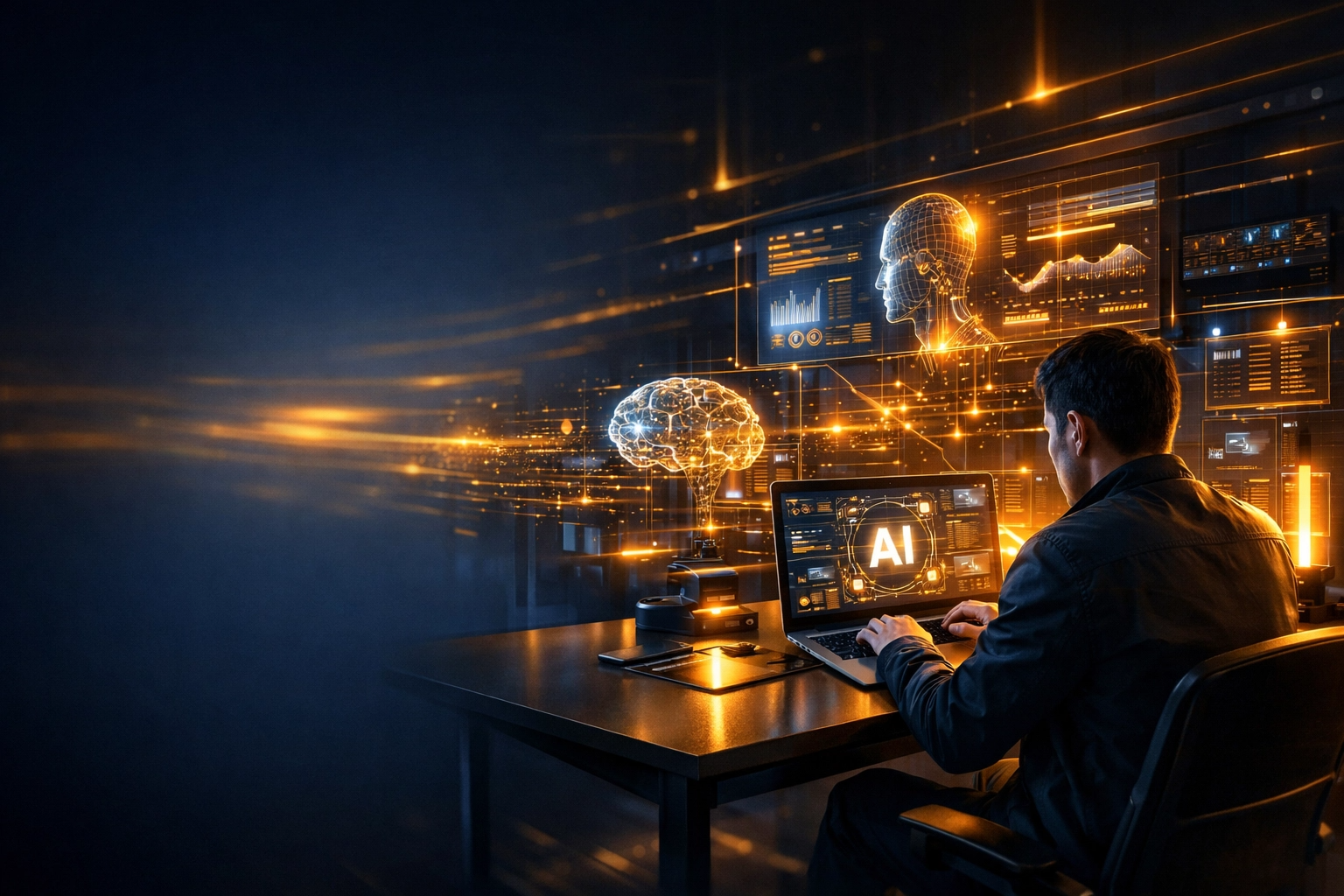 person using AI tools on laptop with futuristic interface to make money online