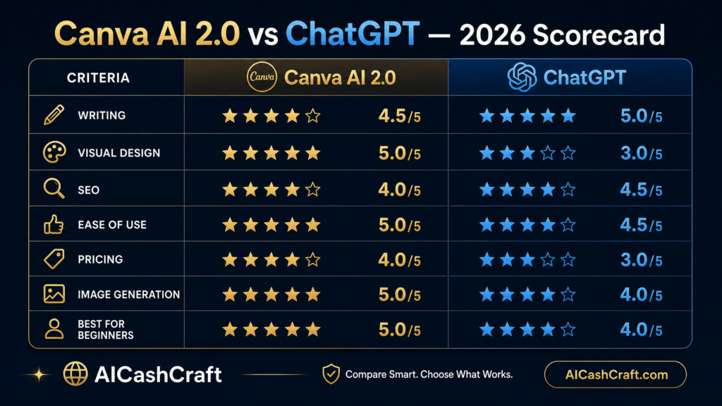 Canva AI 2.0 vs ChatGPT feature scorecard comparison 2026