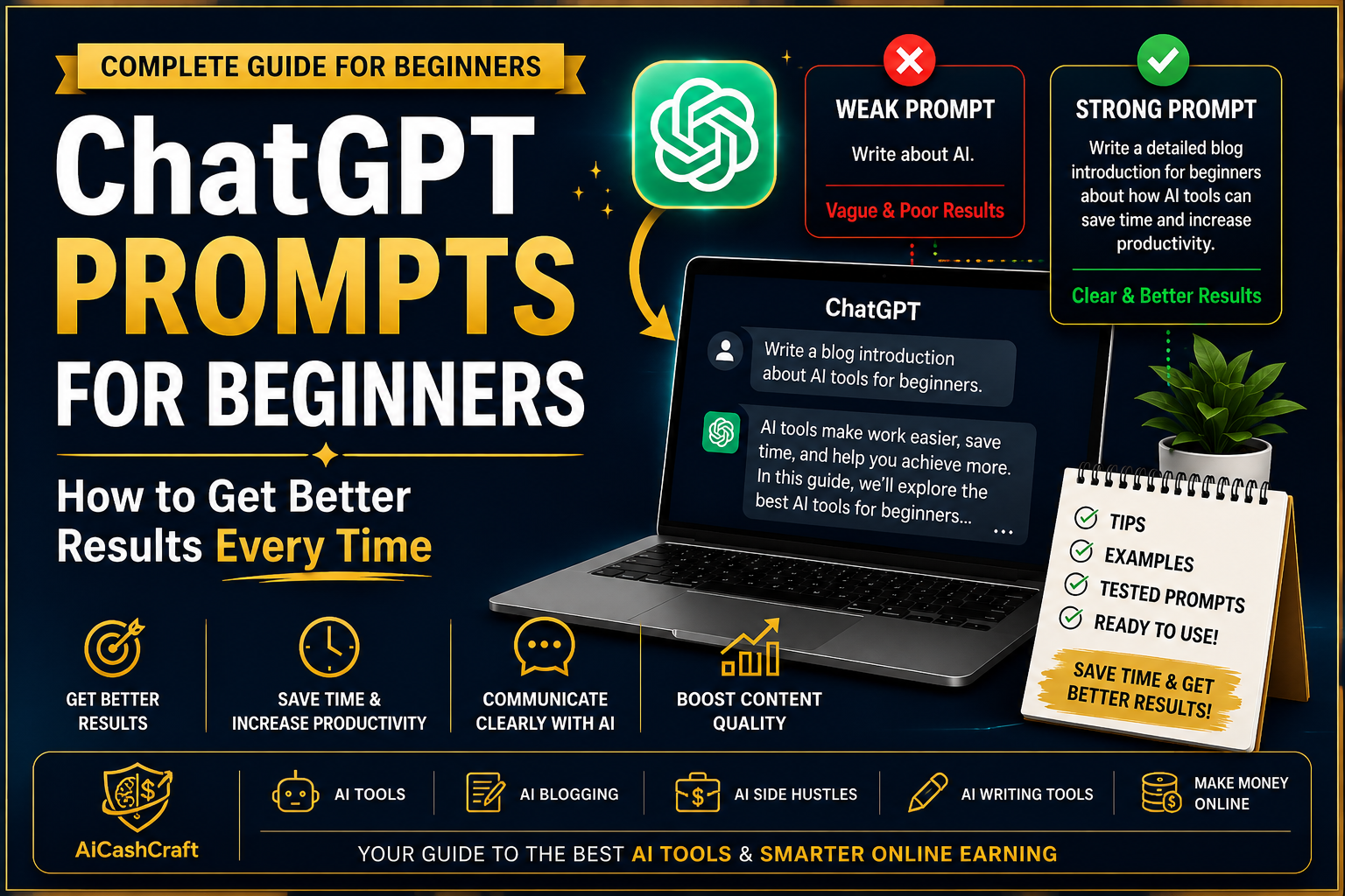 ChatGPT prompts for beginners guide showing weak vs strong prompts and better AI results