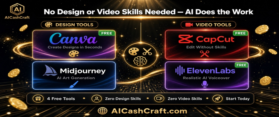 easy AI design and video tools for beginners Canva CapCut ElevenLabs no skills needed