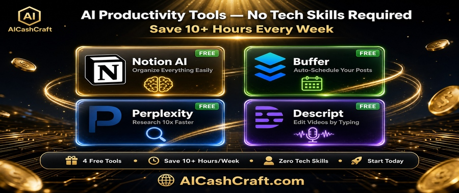 easy AI productivity tools for beginners Notion Buffer Descript no skills needed