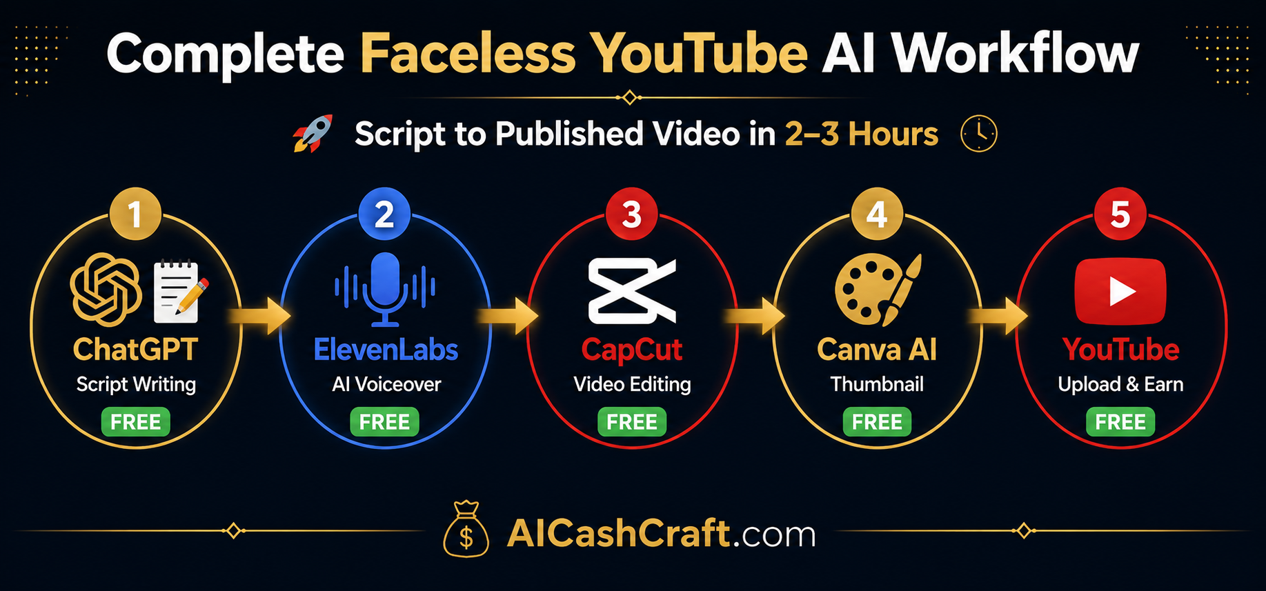 complete AI workflow for faceless YouTube channel ChatGPT ElevenLabs CapCut Canva