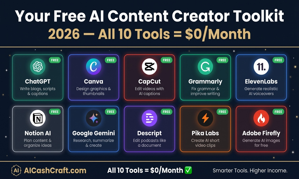 Best free AI tools starter stack for content creators 2026 — complete workflow