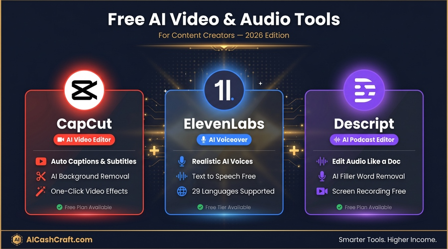Free AI video editing and voiceover tools for content creators 2026 — CapCut, ElevenLabs, Descript