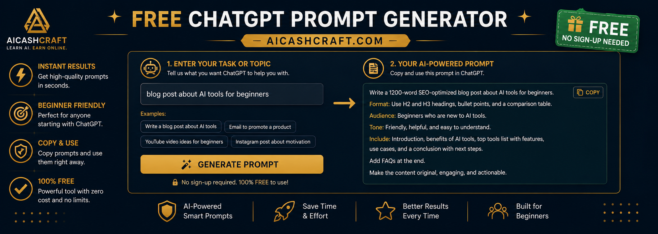 free ChatGPT prompt generator tool AICashCraft for beginners