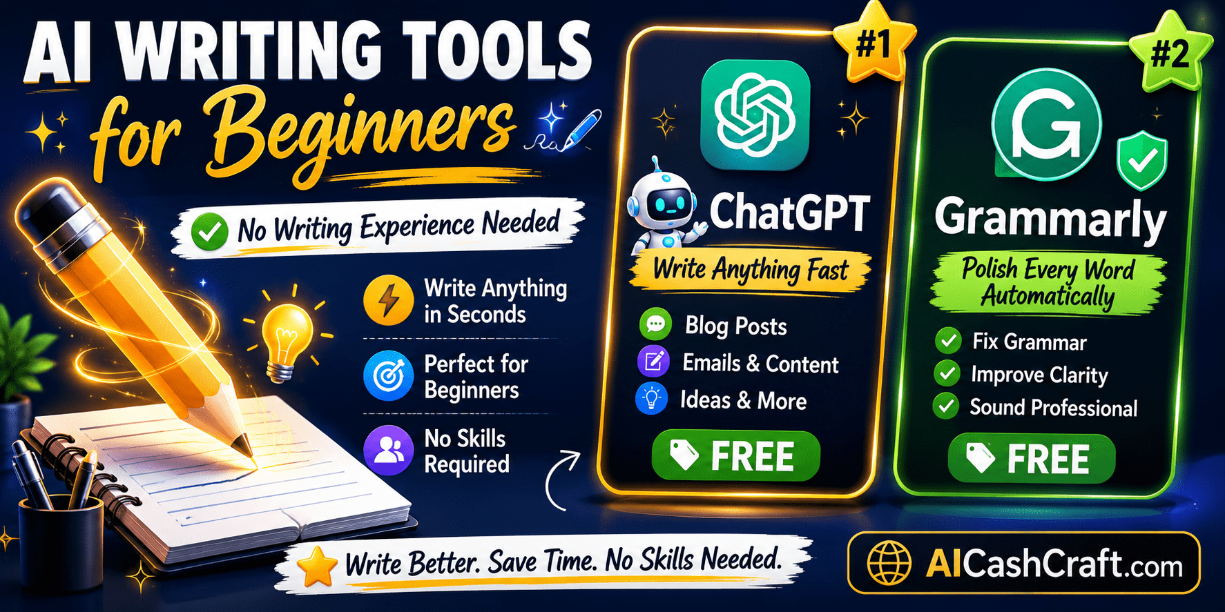 top AI tools for beginners — ChatGPT Grammarly writing tools free