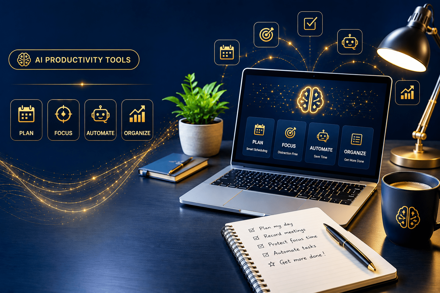 best AI productivity tools for beginners hero image with AI planning automation focus management and workflow optimization tools