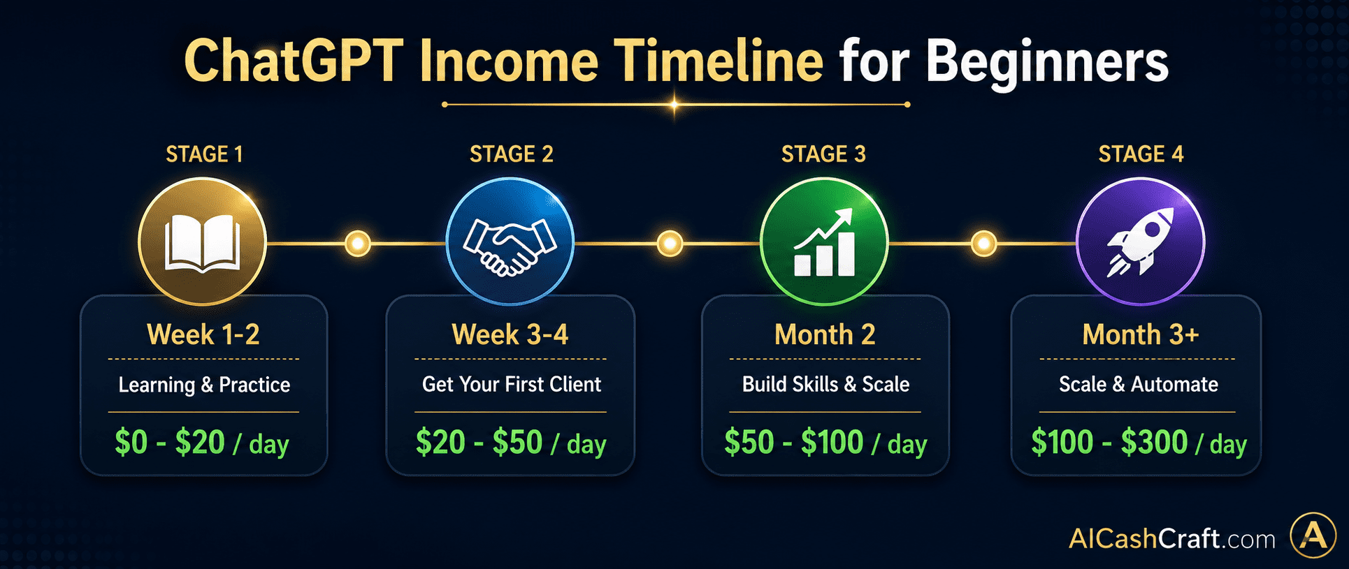 ChatGPT income timeline for beginners realistic earnings AICashCraft
