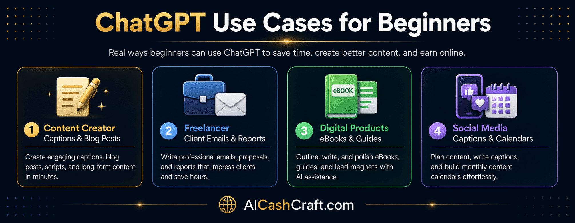 ChatGPT practical use cases for beginners writing income social media AICashCraft