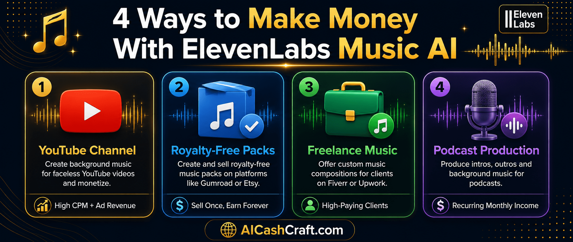 ElevenLabs Music AI income methods beginners royalty free YouTube