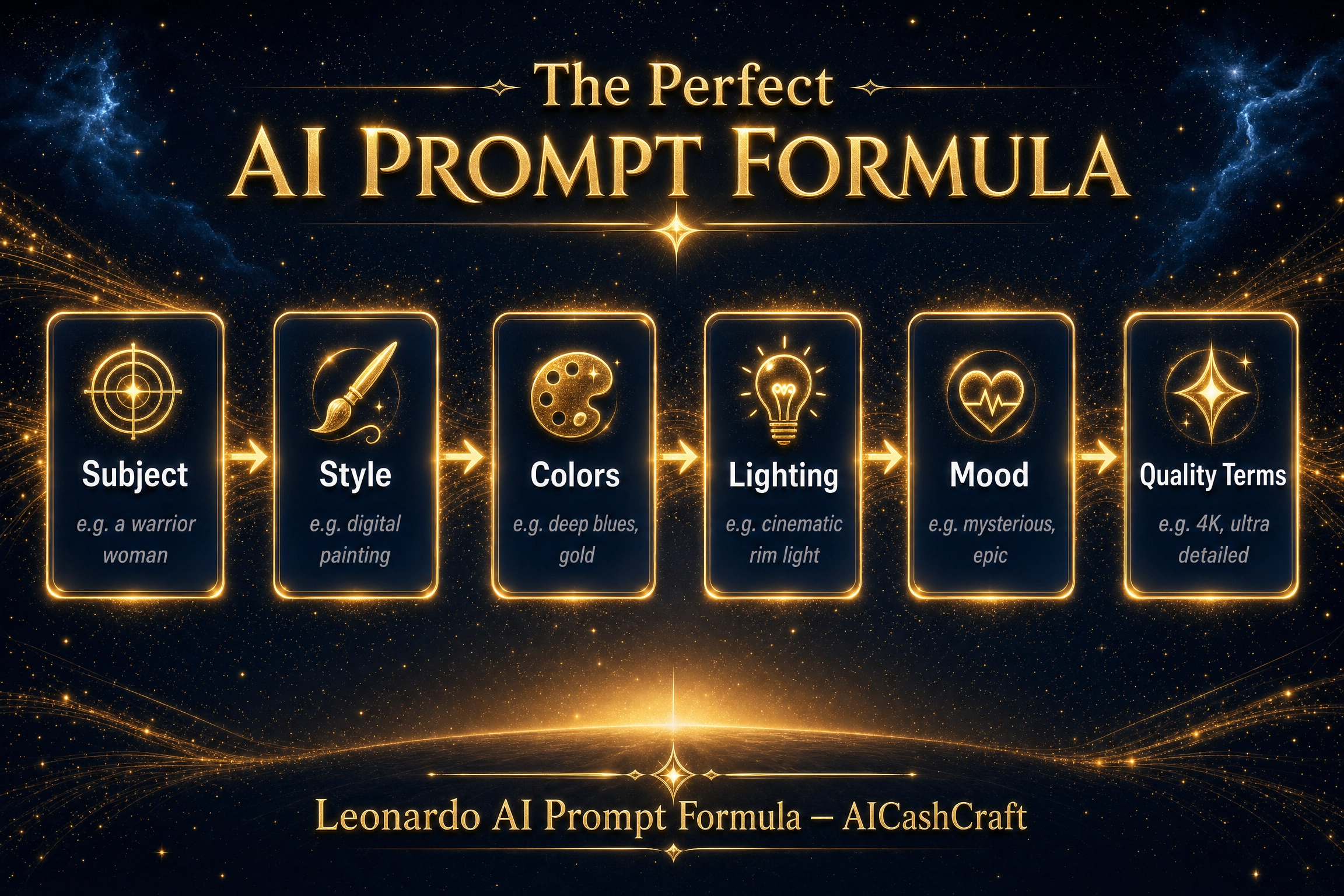 Leonardo AI prompt formula for beginners subject style lighting mood AICashCraft