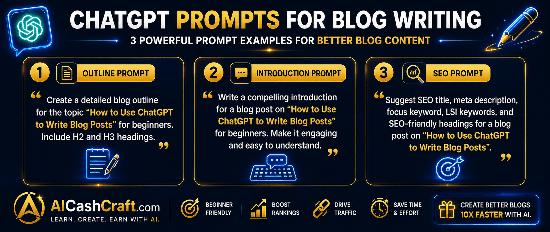ChatGPT prompts for blog writing beginners examples AICashCraft