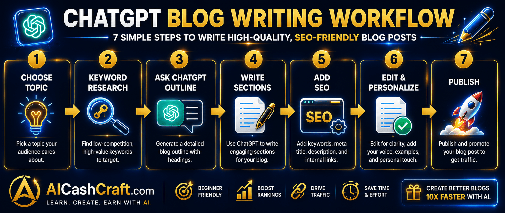 ChatGPT blog writing workflow step by step beginners AICashCraft