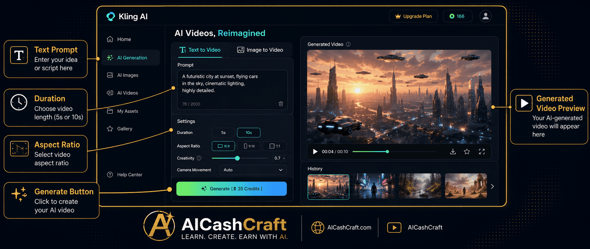 Kling AI interface text to video image to video beginners AICashCraft