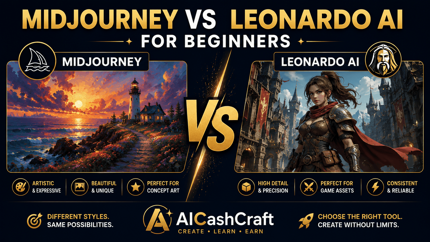 Midjourney vs Leonardo AI for beginners comparison AICashCraft