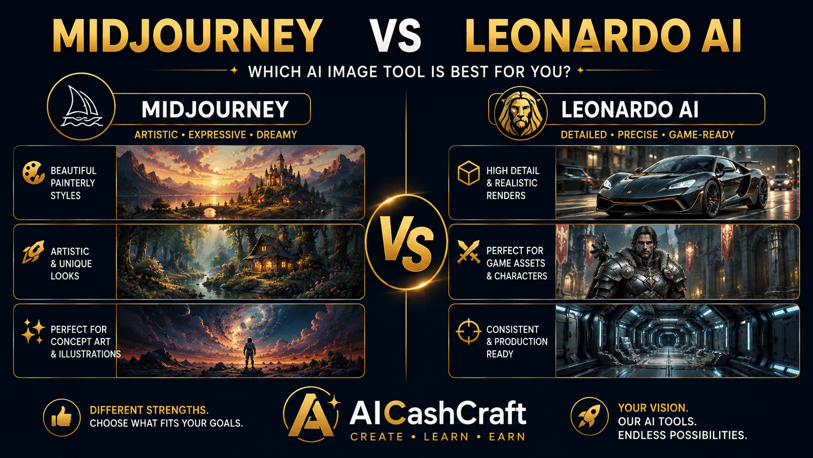 Midjourney vs Leonardo AI side by side comparison for beginners AICashCraft